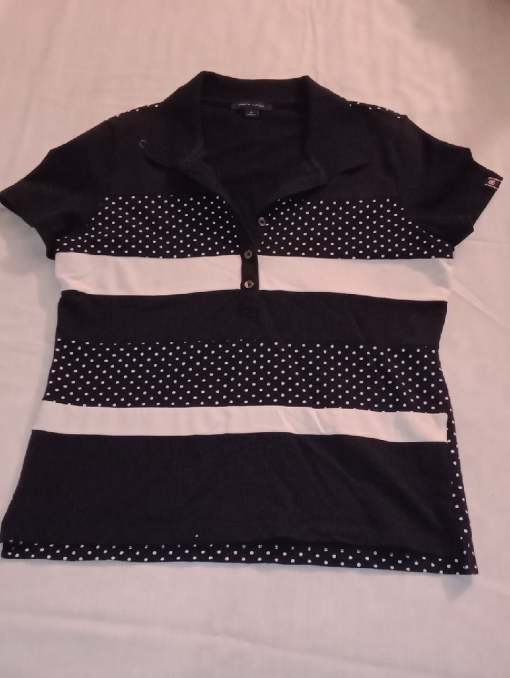 Tommy Hilfiger Black & White Polka Dot Stripe Polo Button-Down Top